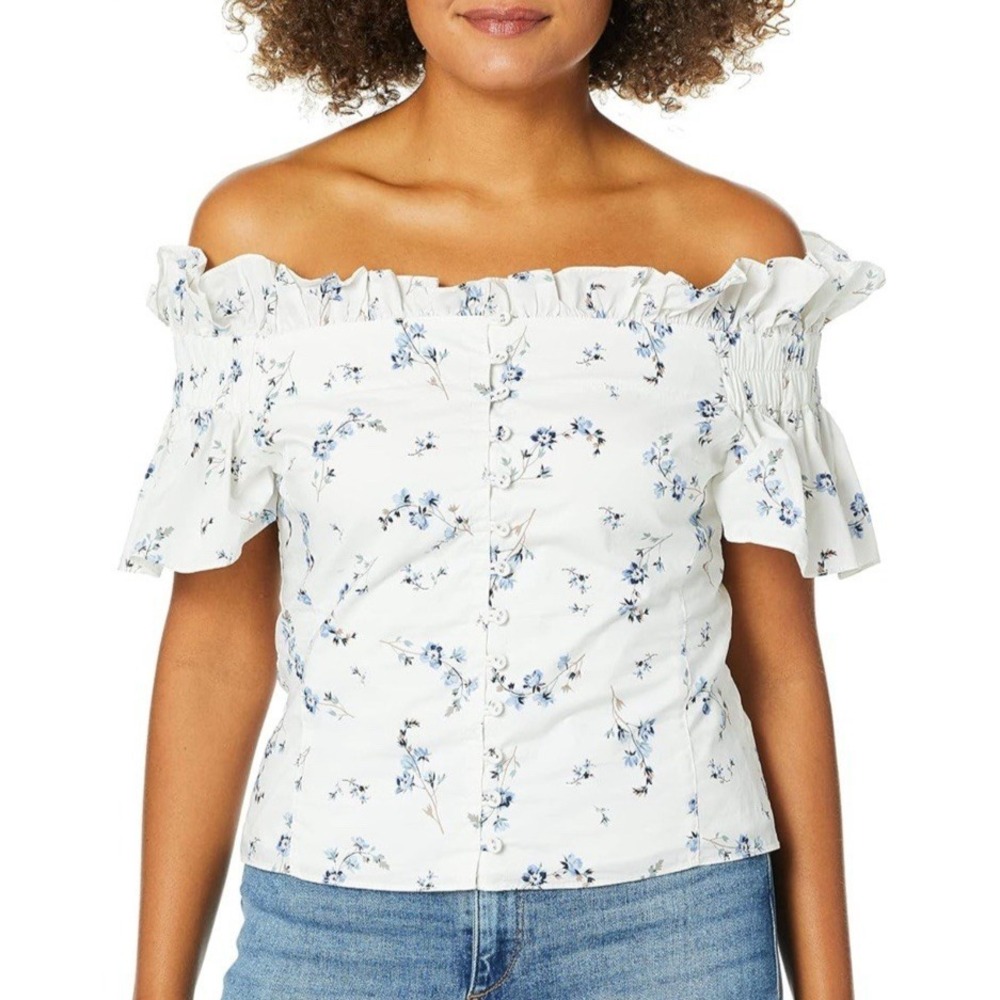 Rebecca Taylor Off Shoulder Francine Top 10 Floral White Blue Cottagecore Ruffle